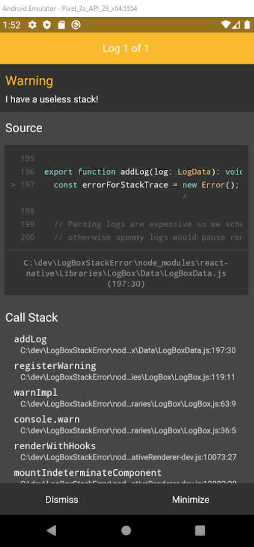 Useless Stack Warning in LogBox