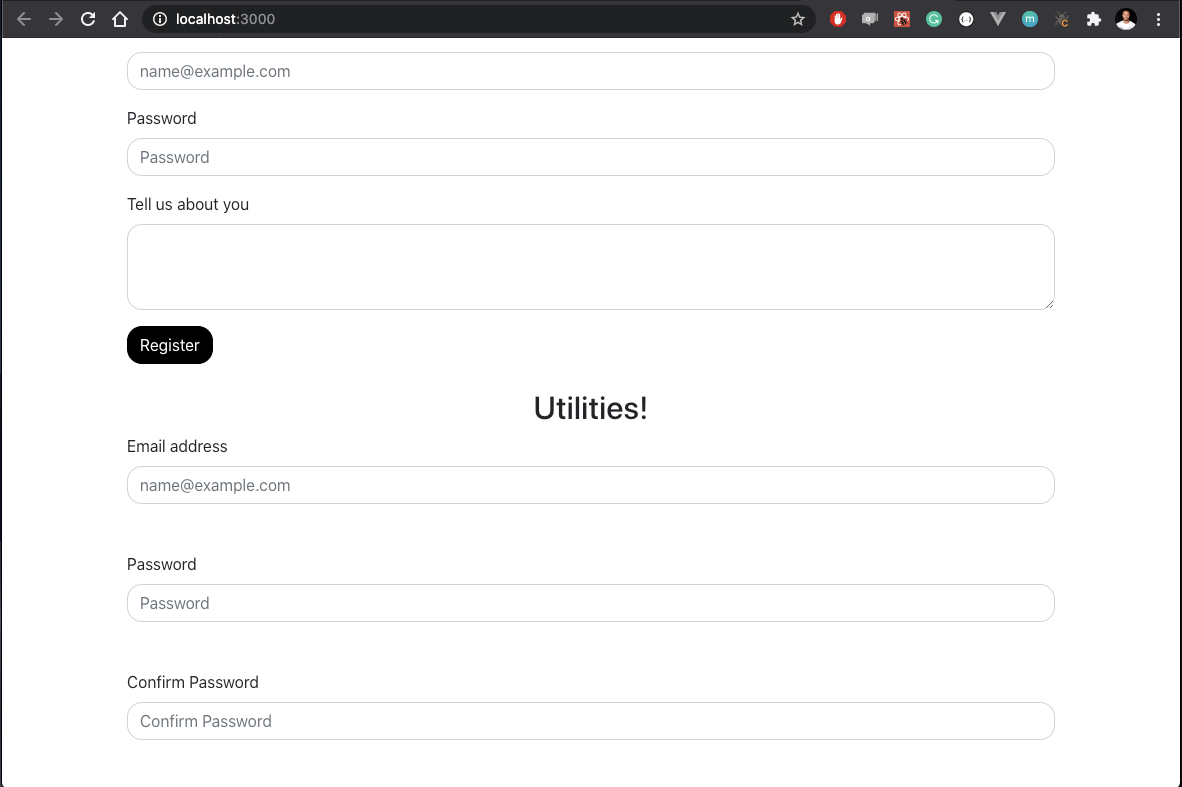words 'utilities' as a header and three form inputs for email, email confirmation, and password