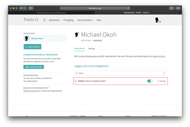 Travis CI dashboard with Michael Okoh profile and list of repositories 