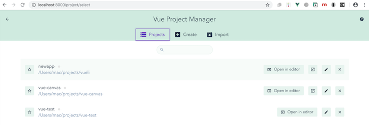 The UI for the Vue project manager