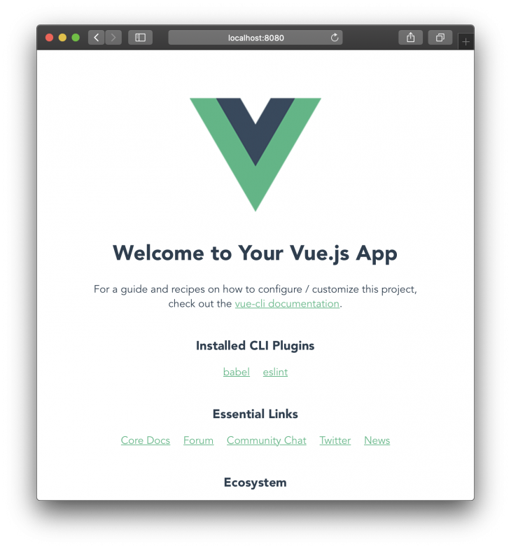 Page with Welcome to Your Vue.js App and Vue logo 