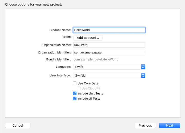 Xcode New Project Options