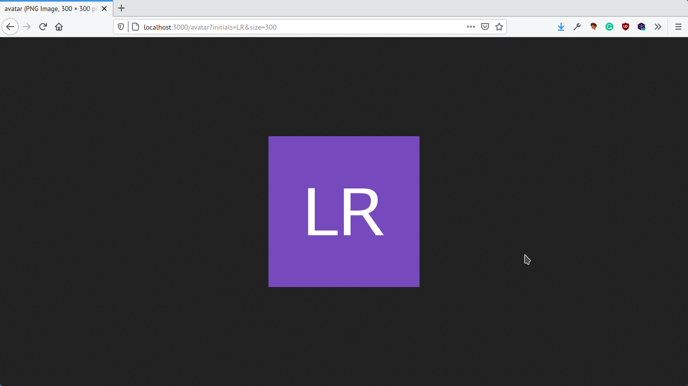 Firefox showing the generated avatar with initials “LR”