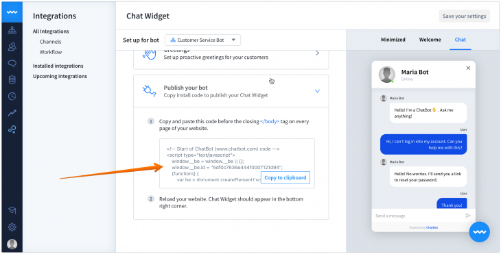 ChatBot widget with orange arrow pointing at pointer plate code for ChatBot