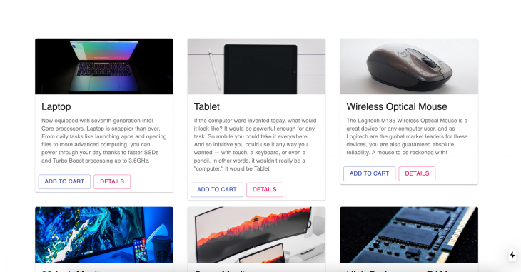 products page listing a laptop, a tablet, and mouse