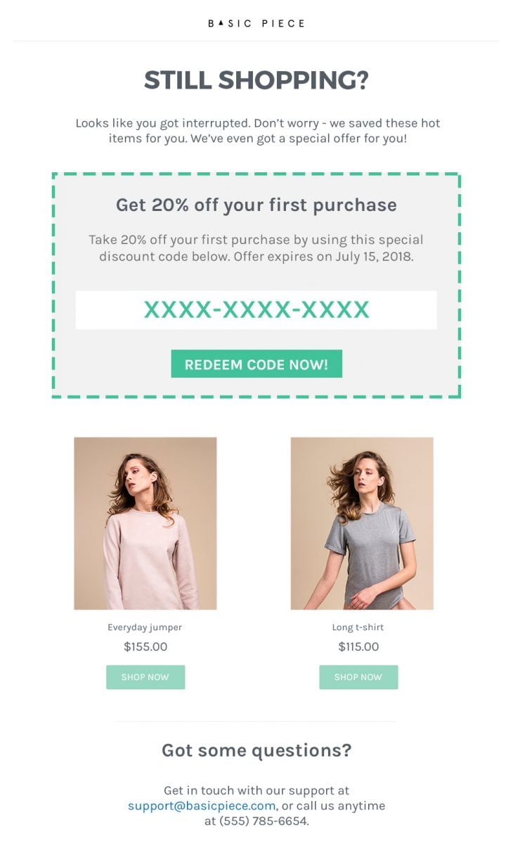 page with "still shopping?" as header with a coupon code 