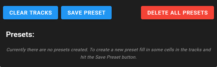 component where presets are saved, including "clear tracks:, "save preset", and "delete all presets" buttons 