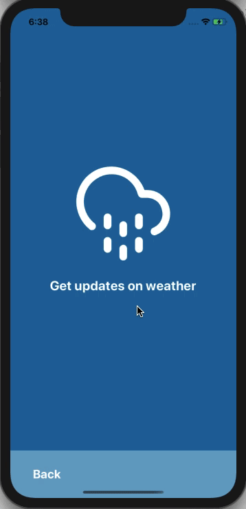 screen starting with "Welcome to the weather app" and toggle to "Get updates on the weather"