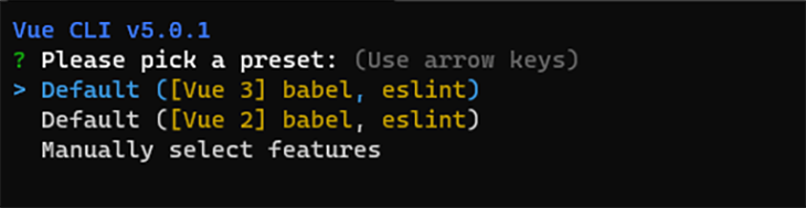 In the terminal, select the appropriate Vue version