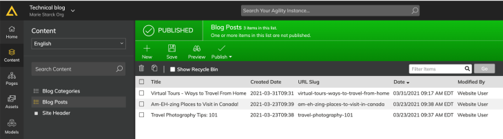 You Should Be Able To See Posts You Have Already Created Under The Content Tab In The Agility CMS Dashboard