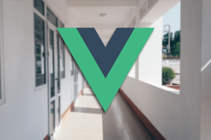 A Vue logo against a school hallway.