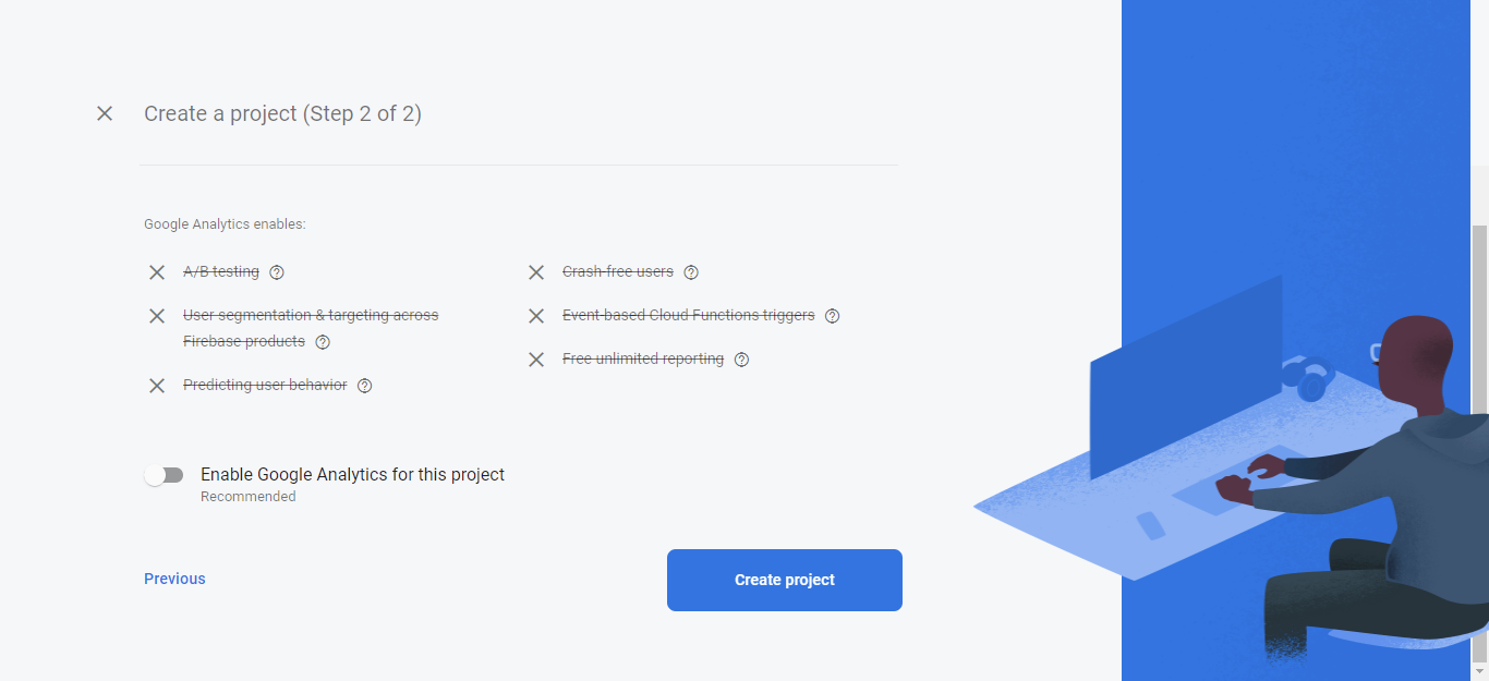 Create project button in firebase