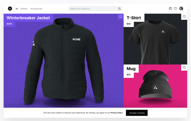 ecommerce site showing jacket, shirt, and hat