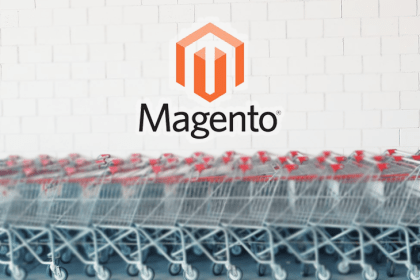 The Magento logo against a graphic of shopping carts.