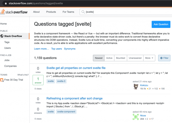 Questions tagged with Svelte in StackOverflow 