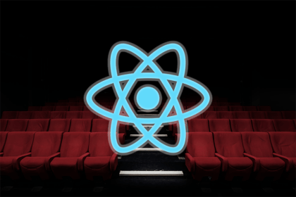 React logo above an image of a movie theatre.