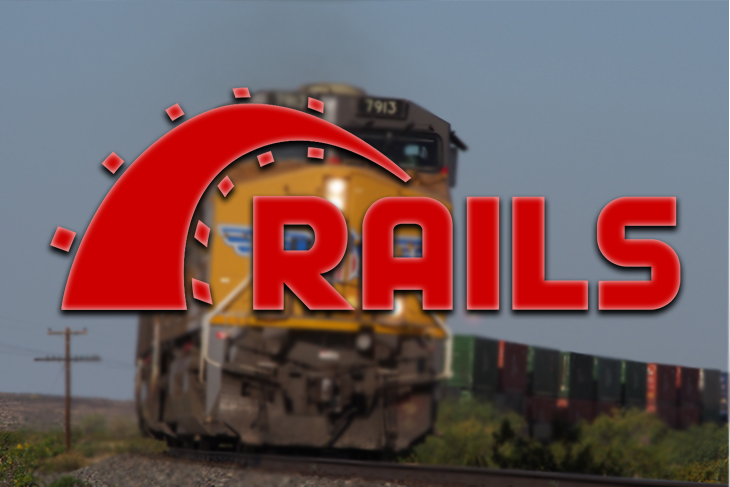 Ruby on rails logo before a train background.