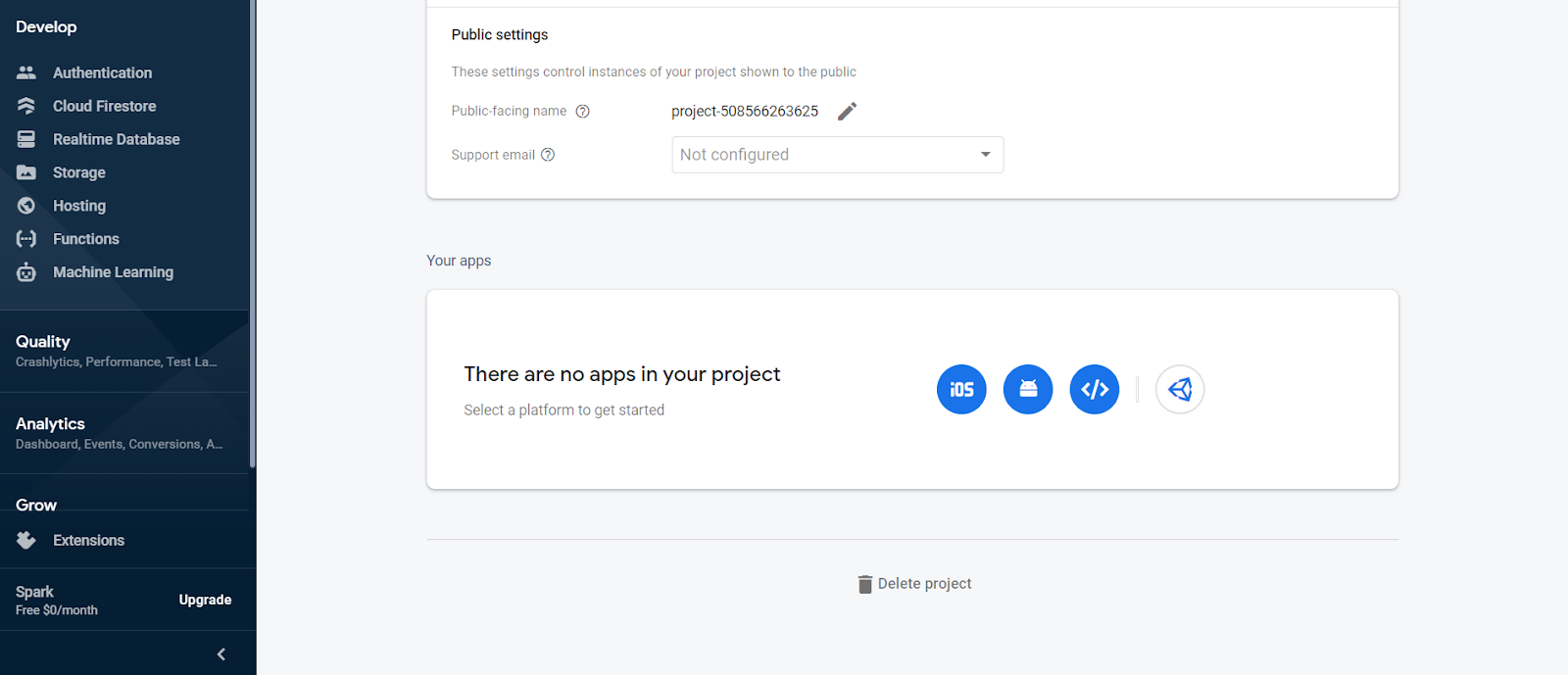Page In Firebase Where You Create And Store Your App