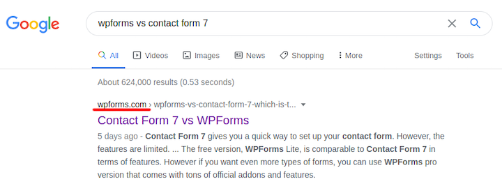 Google SERP: WPForms vs. Contact Form 7