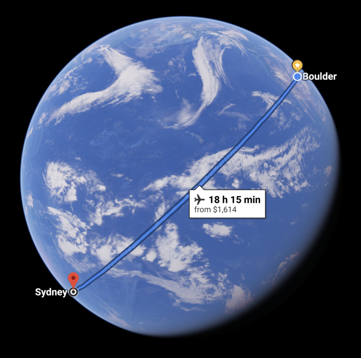Map Of Earth As Seen From Space Showing Markers At Sydney Australia And Boulder USA Connected By A Line Labeled With 18 H 15 Min Distance