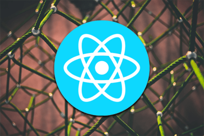 React logo against a green and brown background.