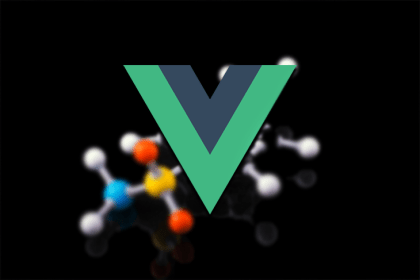 The Vue logo above a background of atoms.
