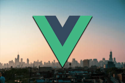 The Vue logo against a background of a skyline.