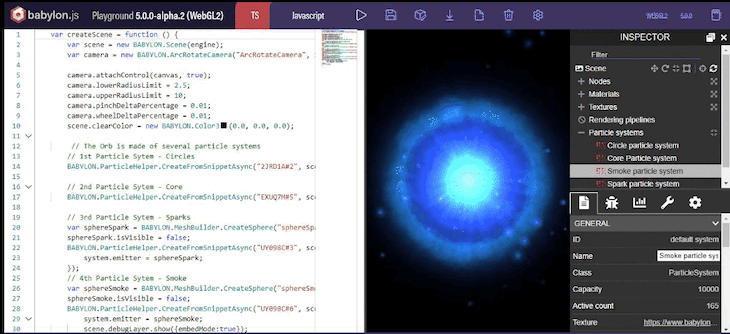 The UI of the new particle editor in Babylon.js 4.2