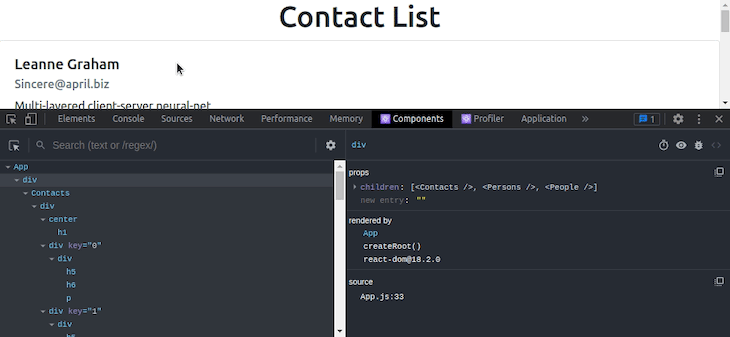 Editing Props in Contacts Component for Debugging Purposes