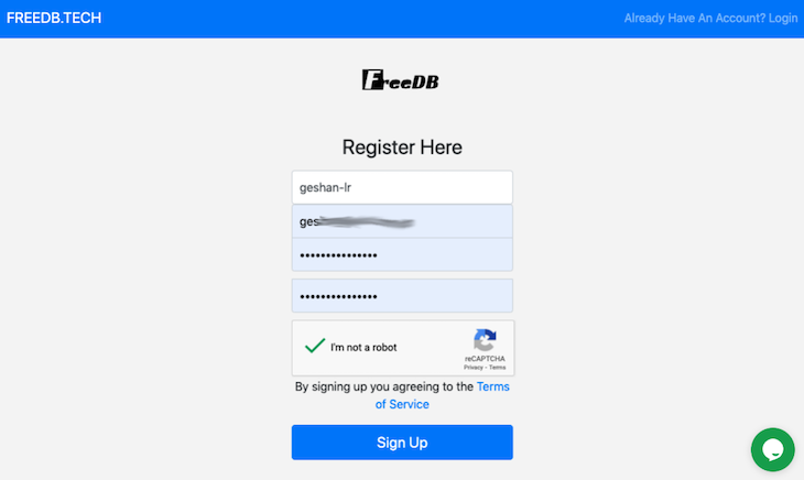 Freedb.tech signup page display