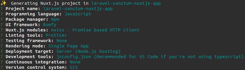  Nuxt.js CLI Prompt Selections
