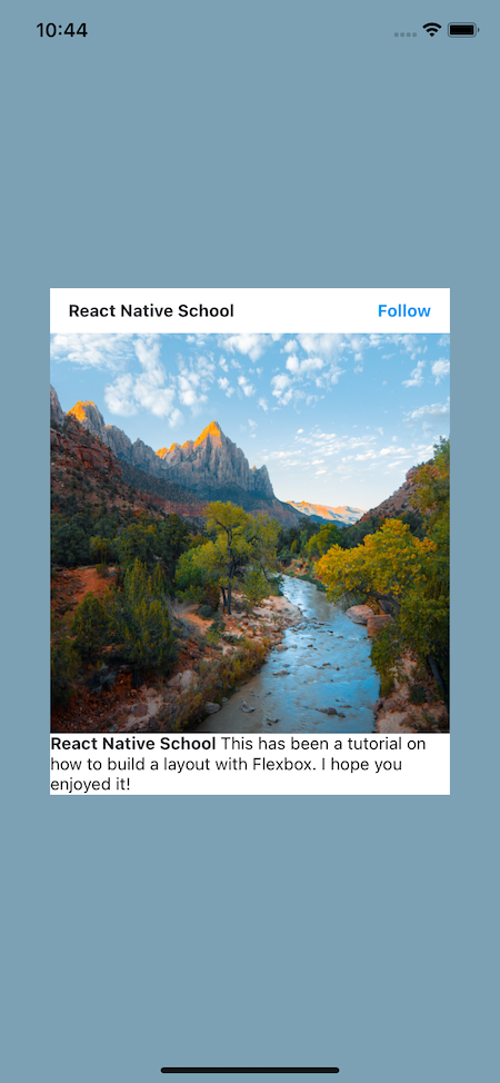 Card With Increased Header Space Stating "React Native School" And "Follow" On The Same Line