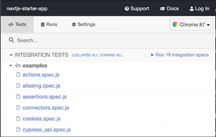 Our Cypress test suite with sample tests