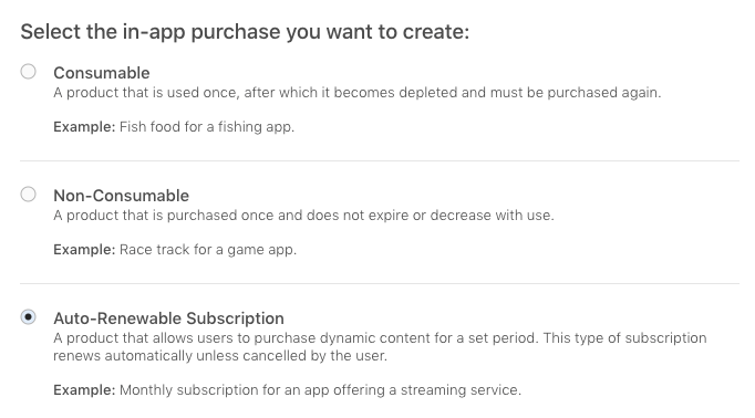 Select In-app Purchase Type