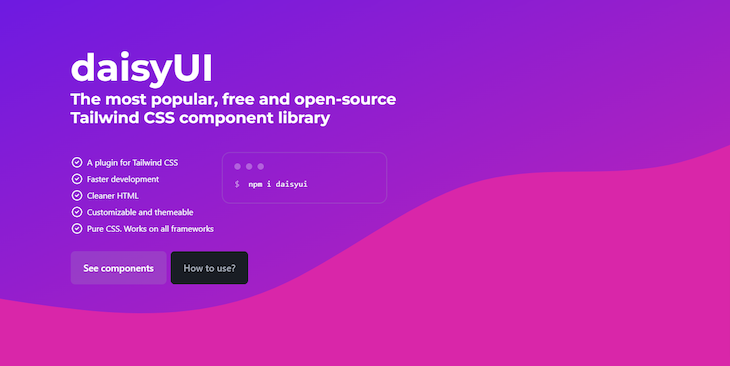 daisyUI Homepage Sohwing Listed Information ABout The Library And A Button To See Available Tailwind CSS Components
