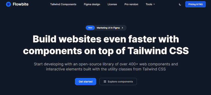 Flowbite Homepage With Information About Flowbite And Buttons To Explore Tailwind CSS Components