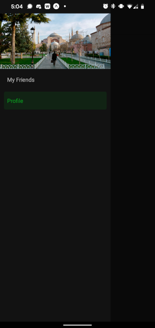 Drawer open, showing header image, dark mode