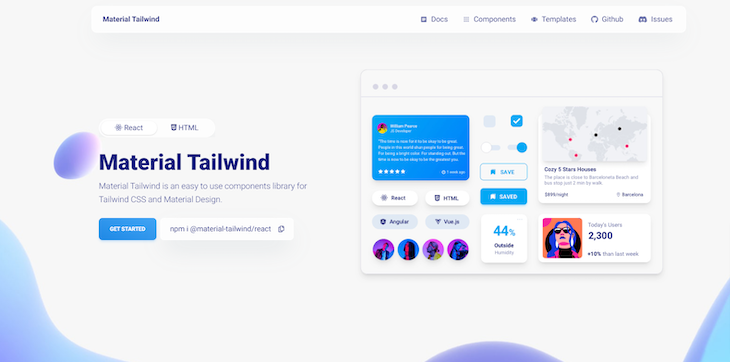 Material Tailwind Homepage Showing Information About This Tailwind Components Library