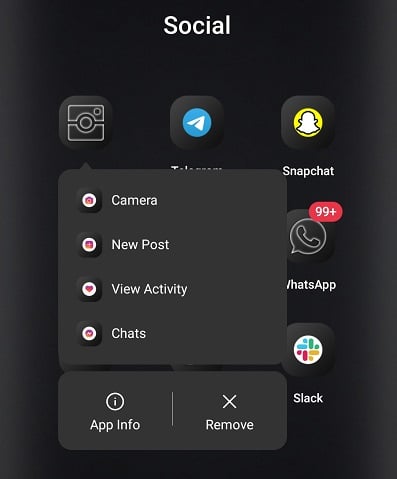 Shortcuts menu for instagram on my Android device