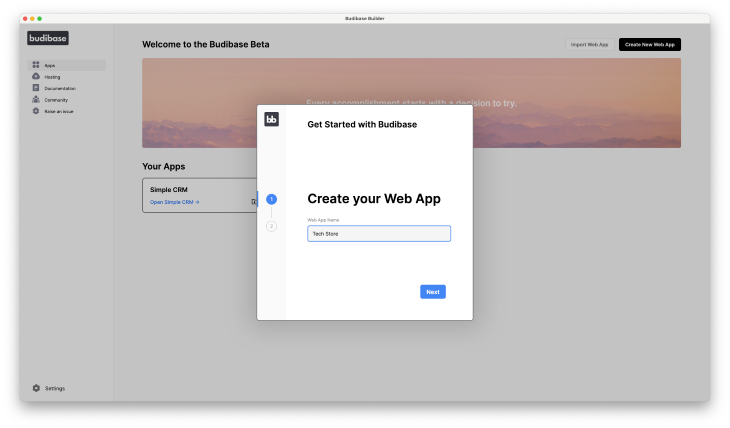 Create New Web App Screen