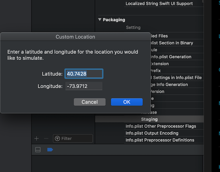 Debug Custom Location Latitude Longitude Default Coordinates