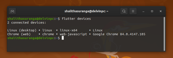 Screenshot Of Flutter Devices Command On Ubuntu Showing Connected Device Info