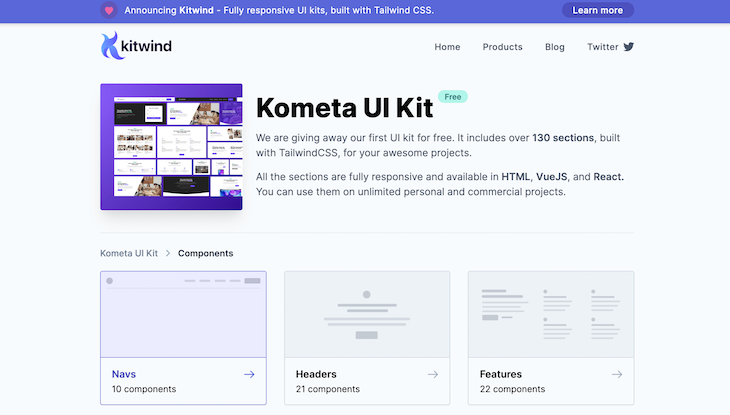 Kometa Ui Kit Homepage Showing Example Tailwind CSS Components