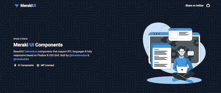Meraki UI Components Homepage With Information About The Collection, Creators, And Number Of Tailwind Components Available