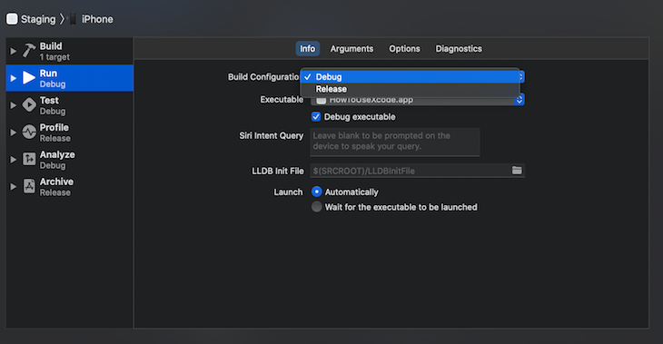 Select Build Configuration Type App Running