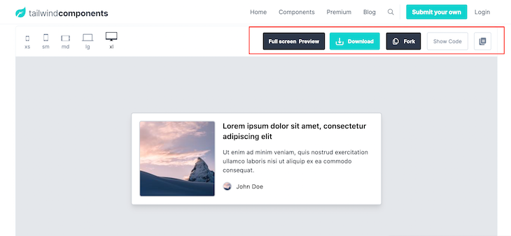 Tailwind Components Download Options Including Buttons For Full Screen Preview, Download, Copy Fork, Show Code
