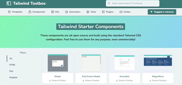 Tailwind Toolbox Homepage With Available Tailwind Components Listing And Left Side Column To Filter Results