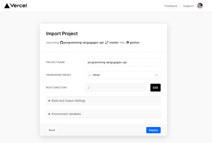 Vercel Import Project Preset Other Deploy