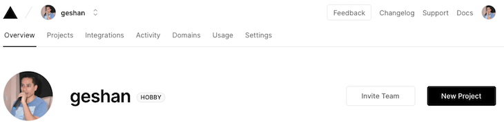 Vercel New Project Profile Page
