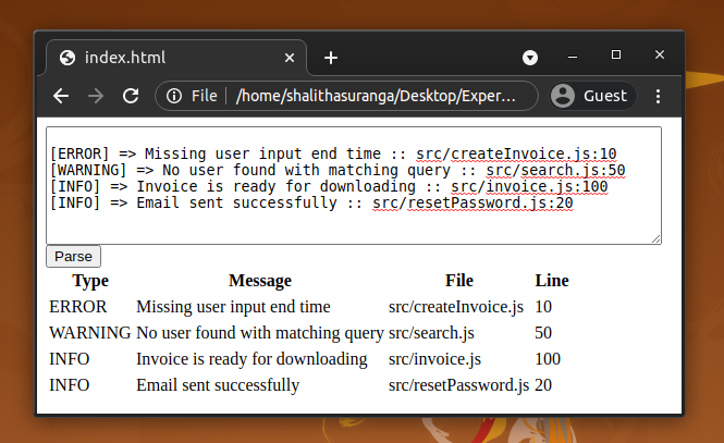 Screenshot of parser web application